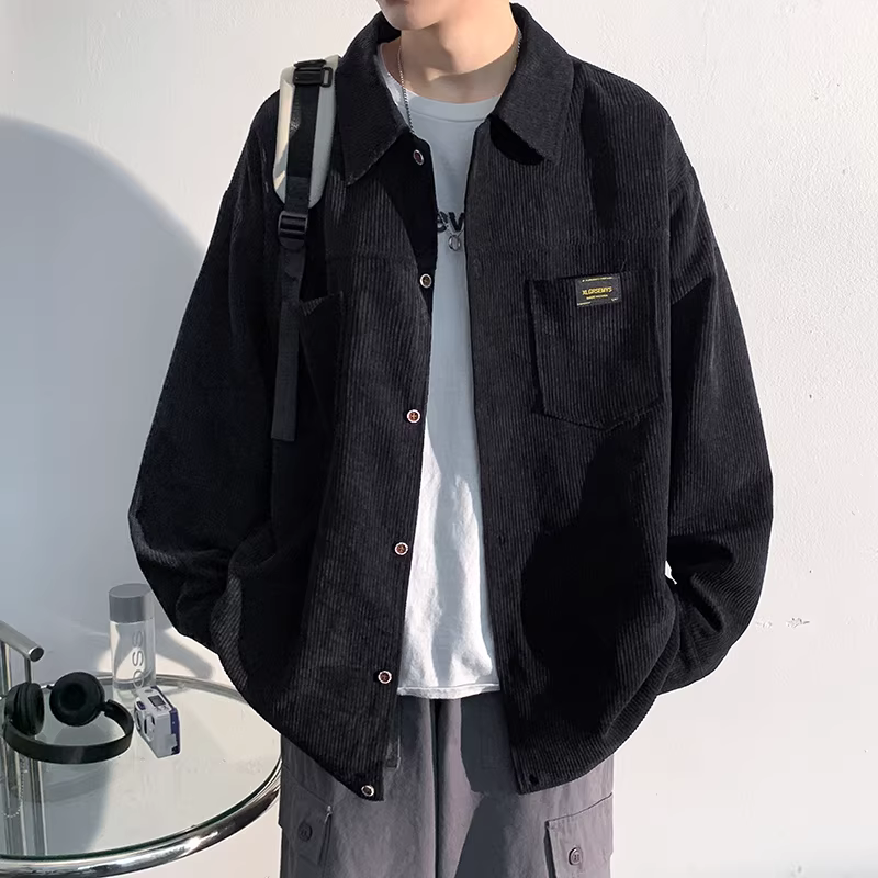 灯芯绒长袖衬衫外套男夏季高街美式休闲翻领衬衫潮牌百搭工装夹克详情图